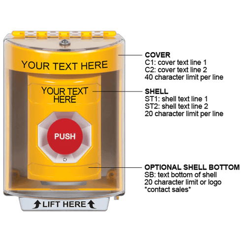 STI SS2271ZA-EN Stopper Station w/Cover, Indoor/Outdoor, Surface, Turn-to-Reset, Custom Text, Yellow