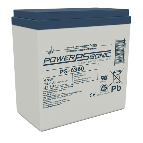 Power Sonic PS-6360 F2 6V 35.6Ah, Sealed Lead Acid Battery