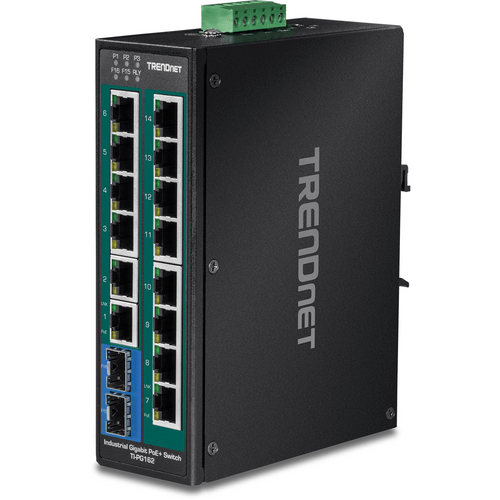 TRENDnet TI-PG162 16-Port Industrial Gigabit PoE+ DIN-Rail Switch