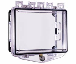 Polycarbonate Environmental Cover for Surface Mount Devices with Key Latch, Open Conduit Backbox