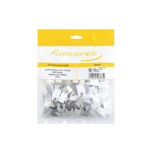 Wavenet HD-6AKSJWH-25PK Keystone Jacks, CAT6A, HDJ-Series, Unshielded, White, 25 Pack