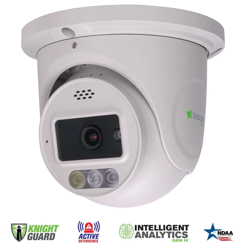 8MP IP OD Turret 2.8mm, 130' WhiteL P12 TDN WDR Analytics Blue/Red Warning Lights Mic Spk NDAA