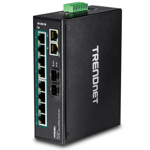 TRENDnet TI-PG102 10-Port Industrial Gigabit PoE+ DIN-Rail Switch