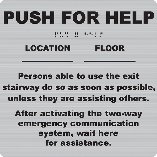Talkaphone ETP-SIGN-PFH3 PUSH FOR HELP Instructional Sign with Brushed Silver Background