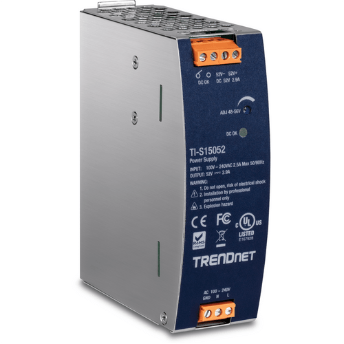 TRENDnet TI-S15052 150W, 52V DC, 2.89A AC to DC DIN-Rail Power Supply w/PFC Function