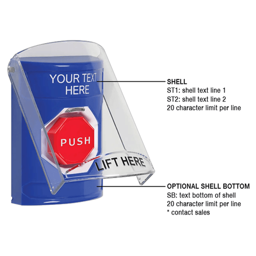STI SS2425ZA-EN Stopper Station w/Cover, Indoor, Flush/Surface, Momentary, Custom Text, Blue