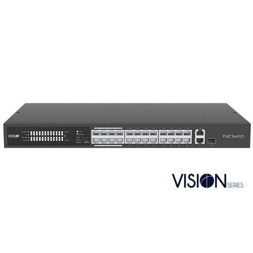 InVid Tech VIS-LRPOE24-2AN 24-Port PoE Switch, 1X SFP, 370W, UL Listed, 2 Uplink Gig Ports