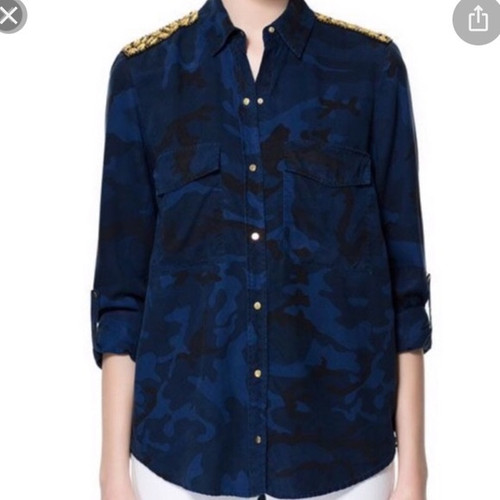 Zara Camouflage Button Up with Embellished Shoulders sz Medium
