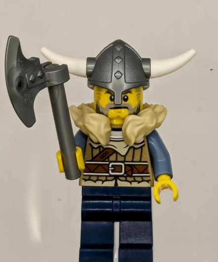 VIK040 LEGO® Viking Warrior - Male, Dark Tan Jacket with Tan Fur, Dark Blue Legs, Flat Silver Helmet
