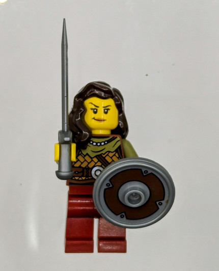 VIK041 LEGO® Viking Warrior - Female, Leather Armor, Dark Red Legs, Dark Brown Hair