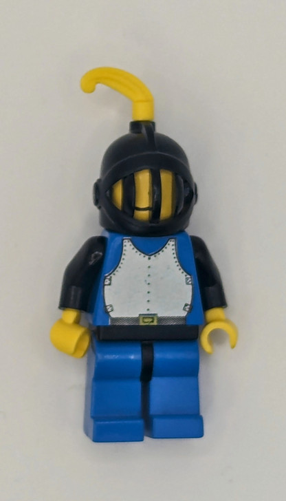 CAS182 LEGO® Breastplate - Blue with Black Arms, Blue Legs with Black Hips, Black Grille Helmet, Yellow Feather, Black Plastic Cape