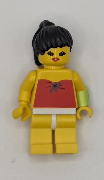 PAR009 LEGO® Red Halter Top - Yellow Legs, Black Ponytail Hair, Open Mouth