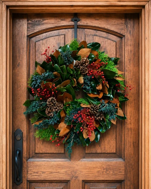 Rustic magnolia Christmas wreath with red berries, fresh Carolina Sapphire greenery, and natural pinecones.