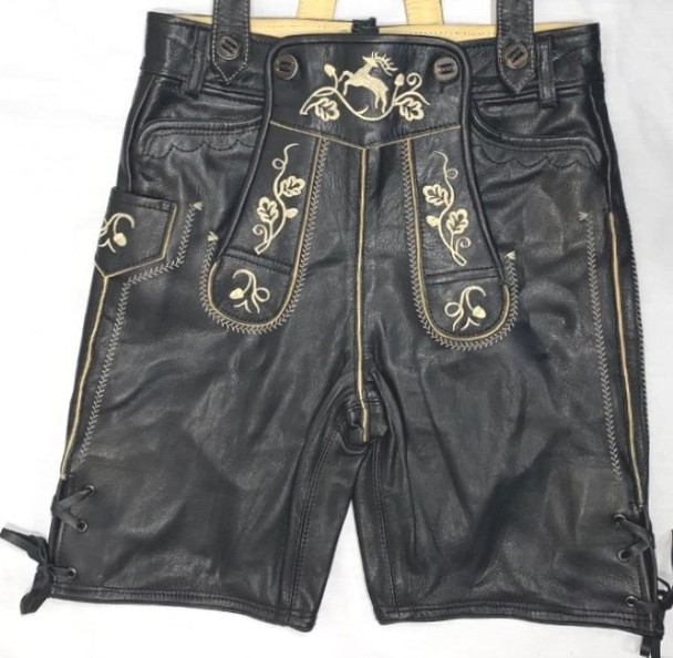 Black Nappa goat lederhosen with tan stitching 