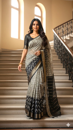 Ikkat ChanderiGrey/Black