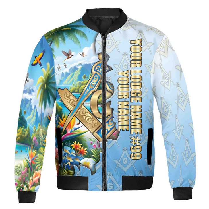 Custom Masonic Master Mason Tropical Summer Pattern Bomber Jacket S-5XL