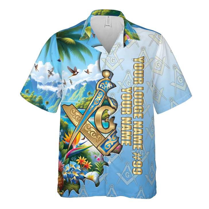 Custom Masonic Freemasonry Blue Tropical Nature Hawaiian Shirt S-5XL