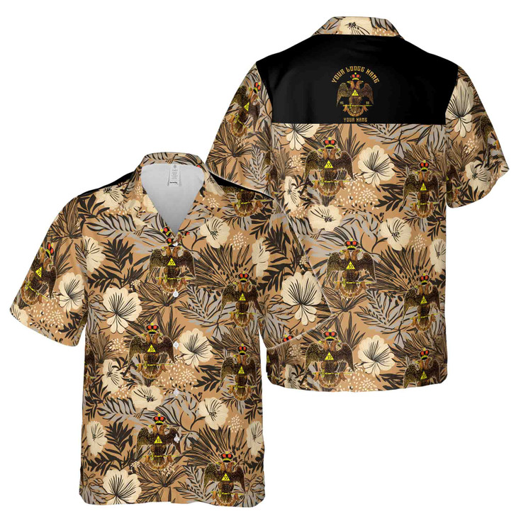 Customized Scottish Rite 33 Brown Tropical Floral Hawaiian Shirt S-5XL