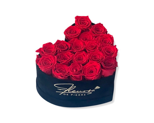 18 red preserved roses in black velvet heart-shaped box. Long-lasting beauty, no water or sun needed. Elegant gift for any occasion, symbolizing love and appreciation.