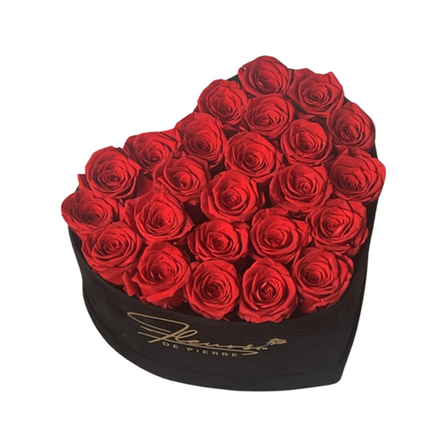 18 red preserved roses in black velvet heart-shaped box. Long-lasting beauty, no water or sun needed. Elegant gift for any occasion, symbolizing love and appreciation.
