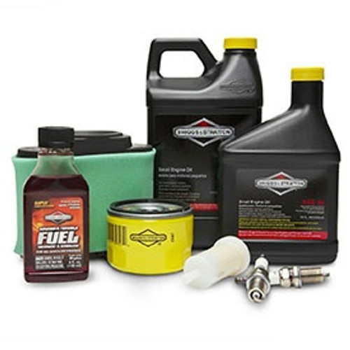 Maintenance Kit for some Briggs & Stratton Professional Series V-twin engines from 24hp to 27hp, contains Air Filter, Spark Plugs, Oil Filter, and Oil (BS-84002317)