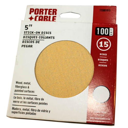 PORTER CABLE 5'' STICK ON DISC 100 GRIT 15 PACK. (PC-725001015) PORTER CABLE 5'' STICK ON DISC 100 GRIT 15 PACK. (PC-725001015)
