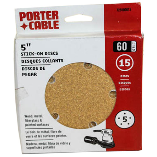 PORTER CABLE 725500615 5" STICK-ON DISCS, 60 GRIT, 15 PACK, Porter-Cable (PC-725500615)