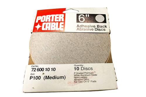 Porter Cable 6" adhesive back abrasive discs. P100 grit, 10 discs per pack (PC-726001010)