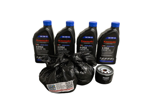 Oil change kit for Kawasaki series FR-FS-FX series model sizes 481-541-600. Contains the oil for the initial fill, plus oil and filter for the first oil change. Featuring B3C Oil Lock for easy disposal of waste oil.