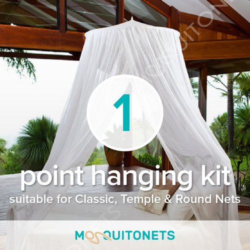 One point mosquito net hanging kit for all mosquito nets requiring one point of attachment.