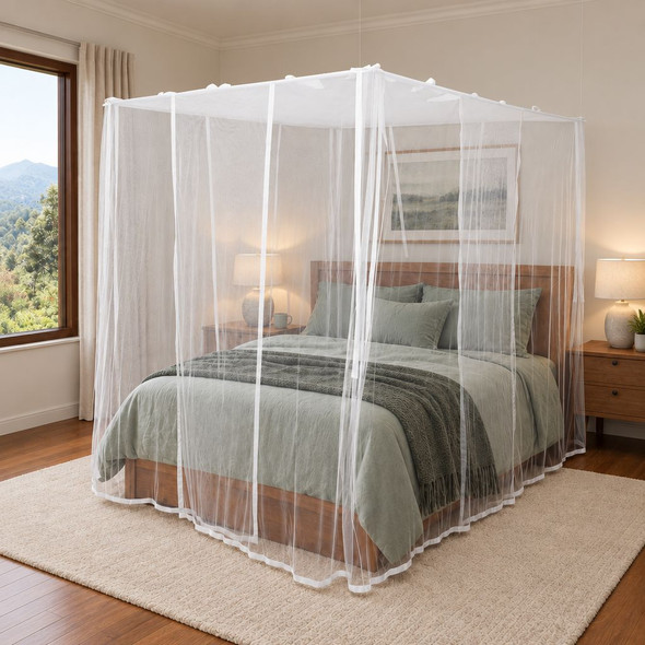 Deluxe polyester box mosquito net with all curtains down around a queen bed