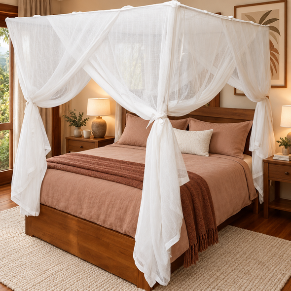 Cotton box mosquito net over a queen bed with warm-toned linen, curtains tied back at the corners