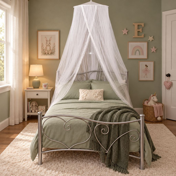 Round polyester mosquito net hanging from one ceiling point, fits single or double beds