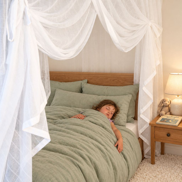 Person sleeping under a closed cotton box mosquito net on a double bed