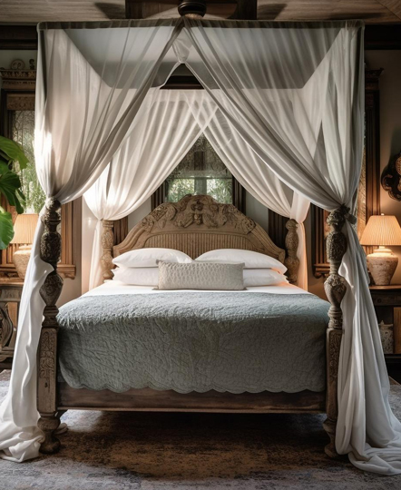 Mosquito net bed canopy styled in a bedroom interior