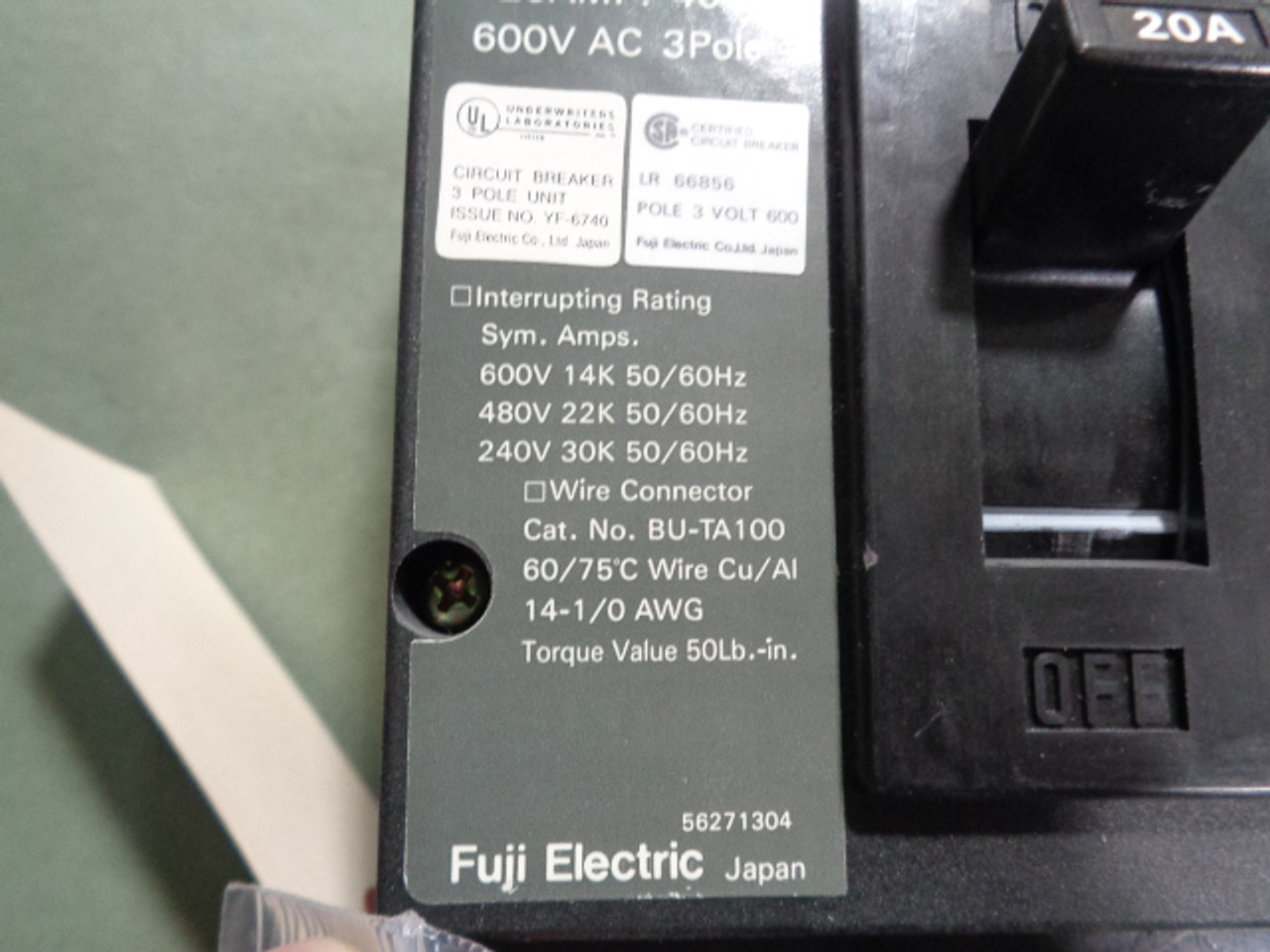 Fuji Electric BU-FSB3020 Circuit Breaker 20A 600V 3 Pole1