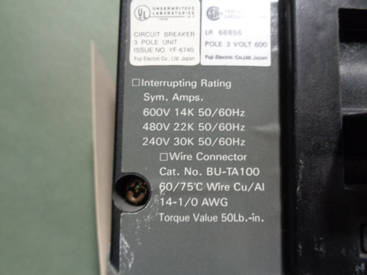 Fuji Electric BU-FSB3040 Circuit Breaker 40A 600V 3 Pole5