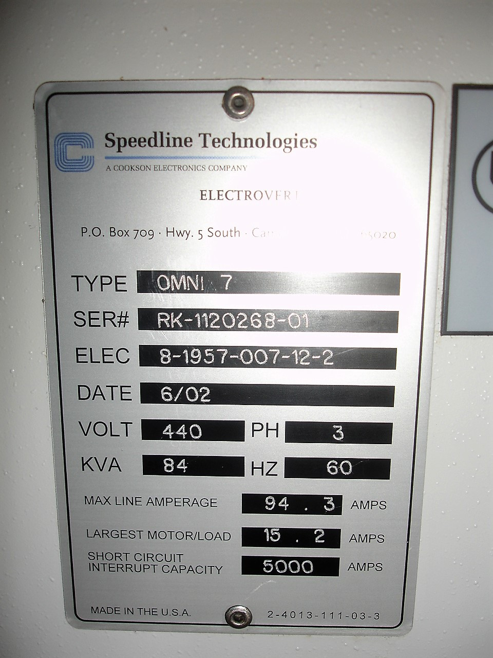 Speedline Electrovert Omni 7 Reflow Oven Jmw Enterprises