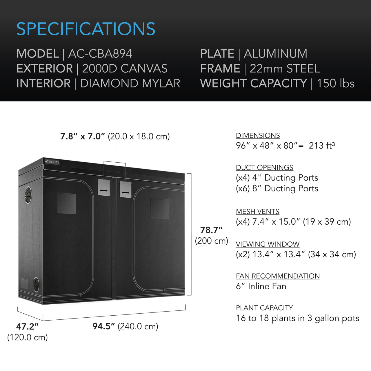 AC Infinity CLOUDLAB 894 Grow Tent 8x4 96