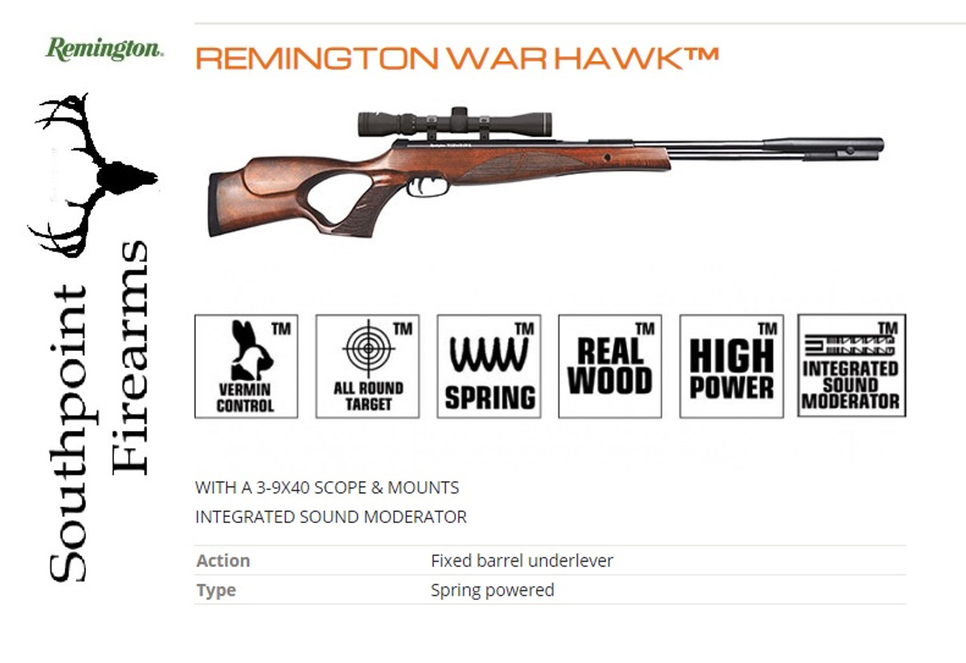 Remington Warhawk 22 Underlever Air Rifle 8436