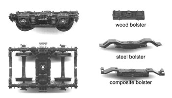 NARROW GAUGE PASSENGER CAR TRUCKS -WITH COMPOSITE WOOD AND STEEL OUTSIDE BEARING BOLSTER
