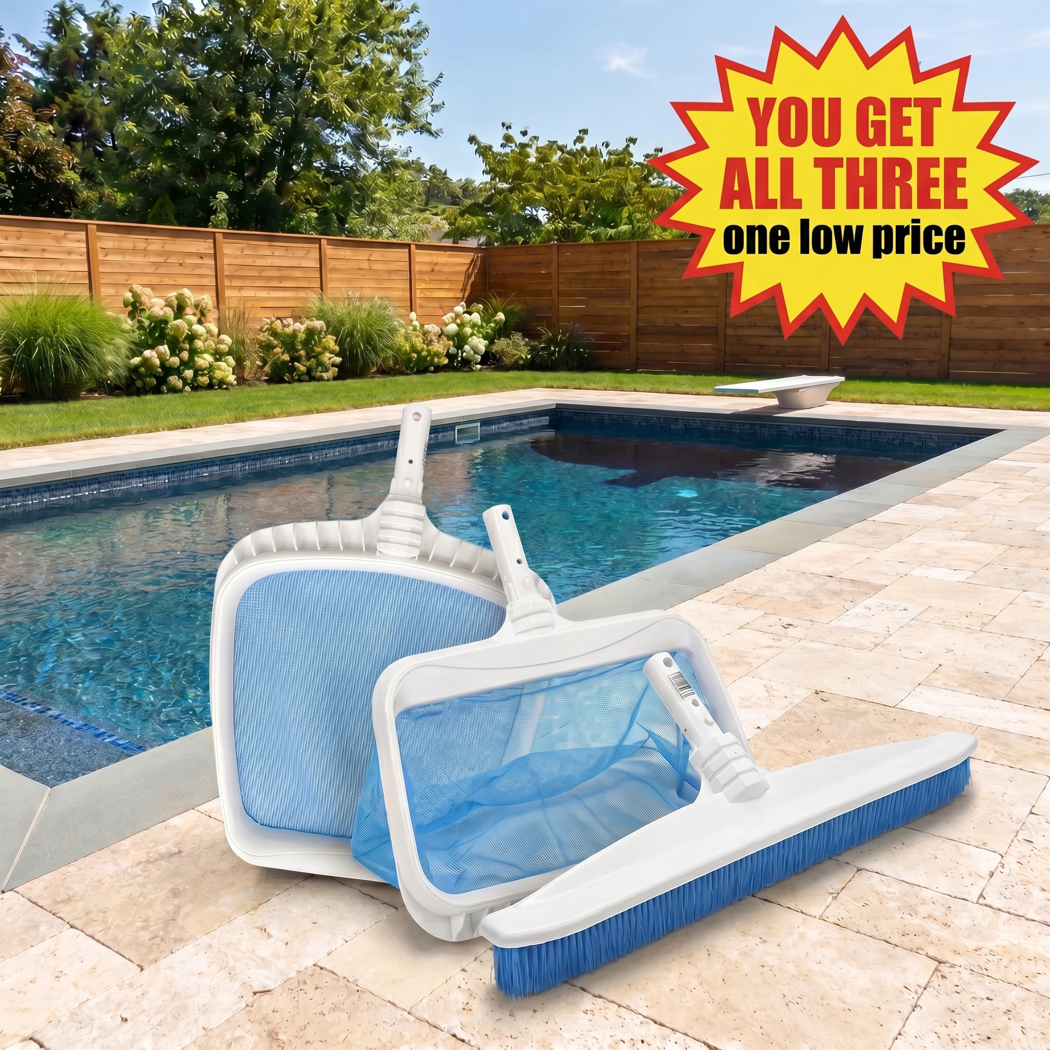 Heavy Duty Leaf Rake + Skimmer Net + 20" Brush Combo Kit - Universally Hooks To Any Pool Pole 