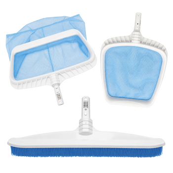Heavy Duty Leaf Rake + Skimmer Net + 20" Brush Combo Kit - Universally Hooks To Any Pool Pole 