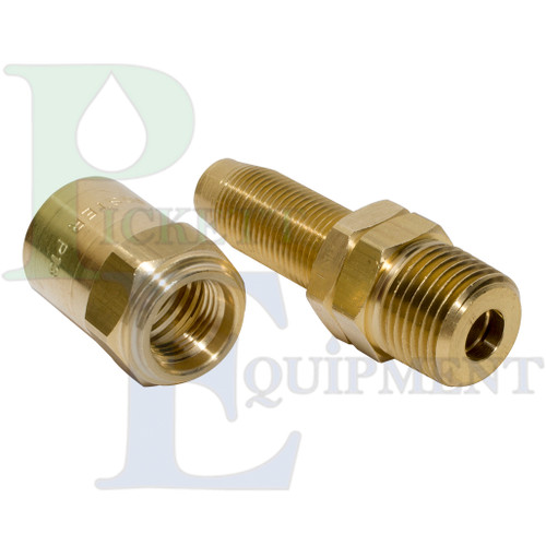 Brass reusable adapter. 1/2" male pipe thread, with barb and nut for 1/2" ID x 13/16” OD hose. Freely swivels under pressure.