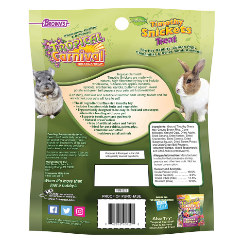Brown`s Tropical Carnival Timothy Snickets Small Animal Treat - 85g Case of 8 2