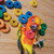 sun conure with the colourful wood discs