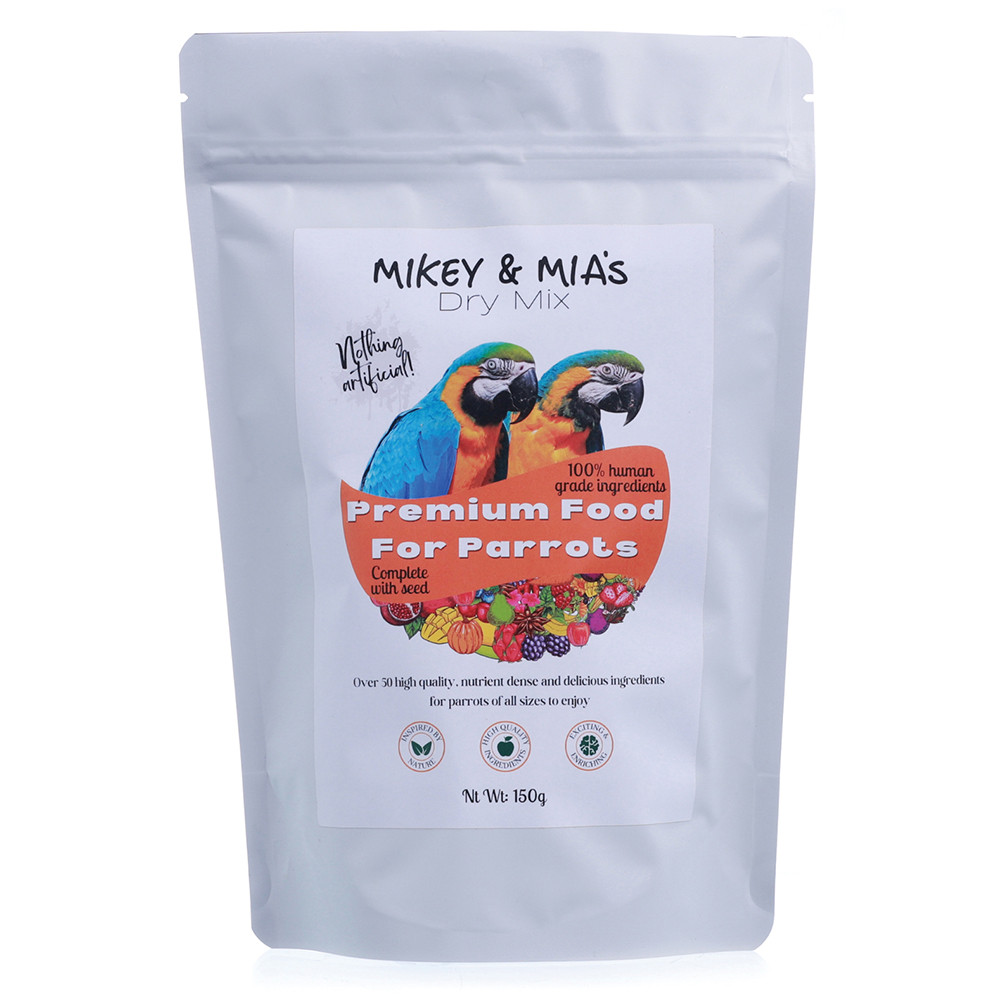 An image of Mikey and Mia's Dry Mix Healthy Parrot Food 150g