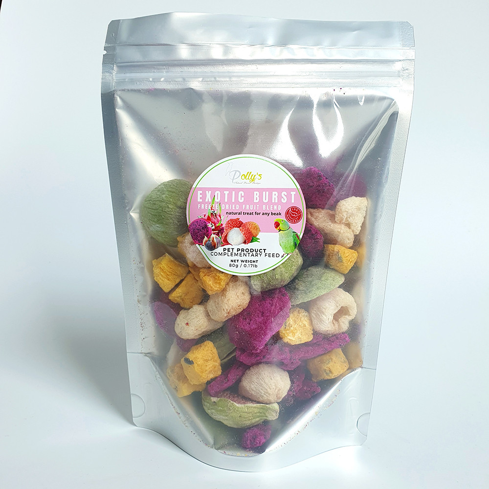 An image of Polly's 80g Exotic Burst Freeze Dried Fruit Mix for Parrots