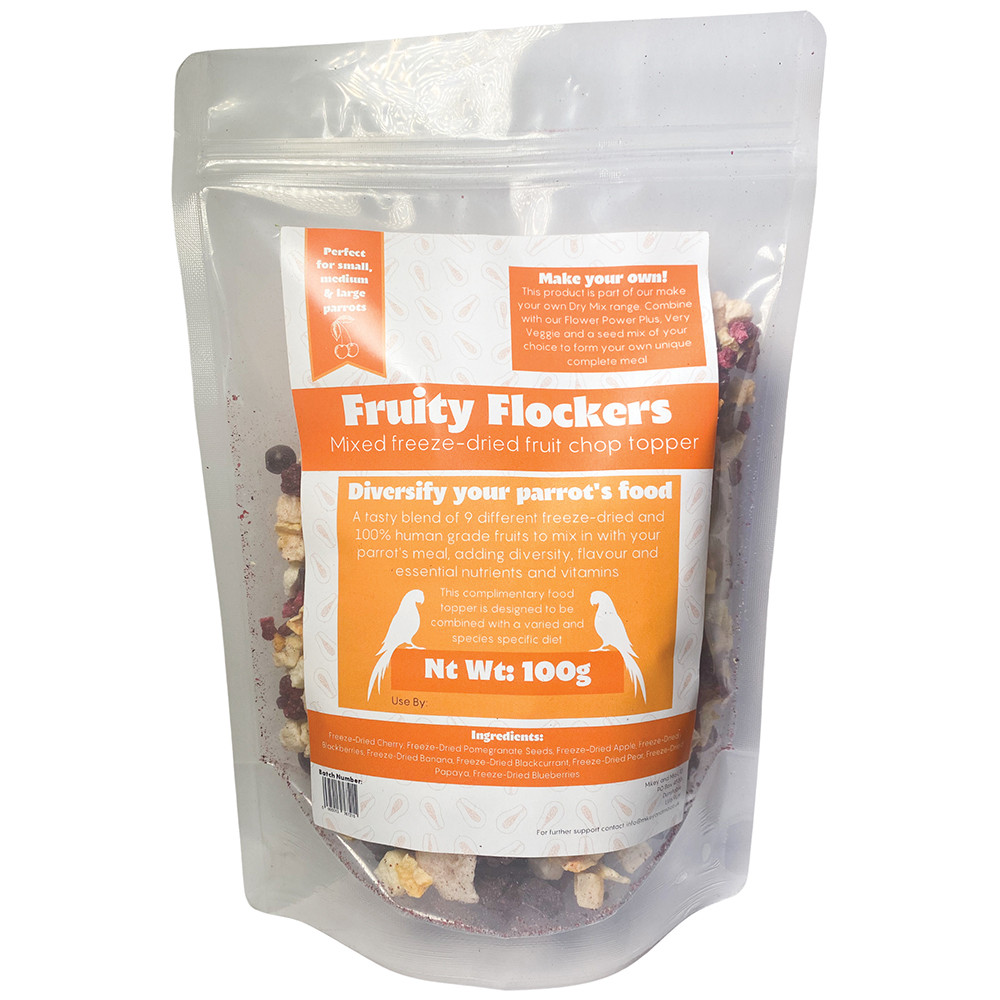 An image of Mikey & Mia Fruity Flockers Freeze Dried Parrot Food 100g