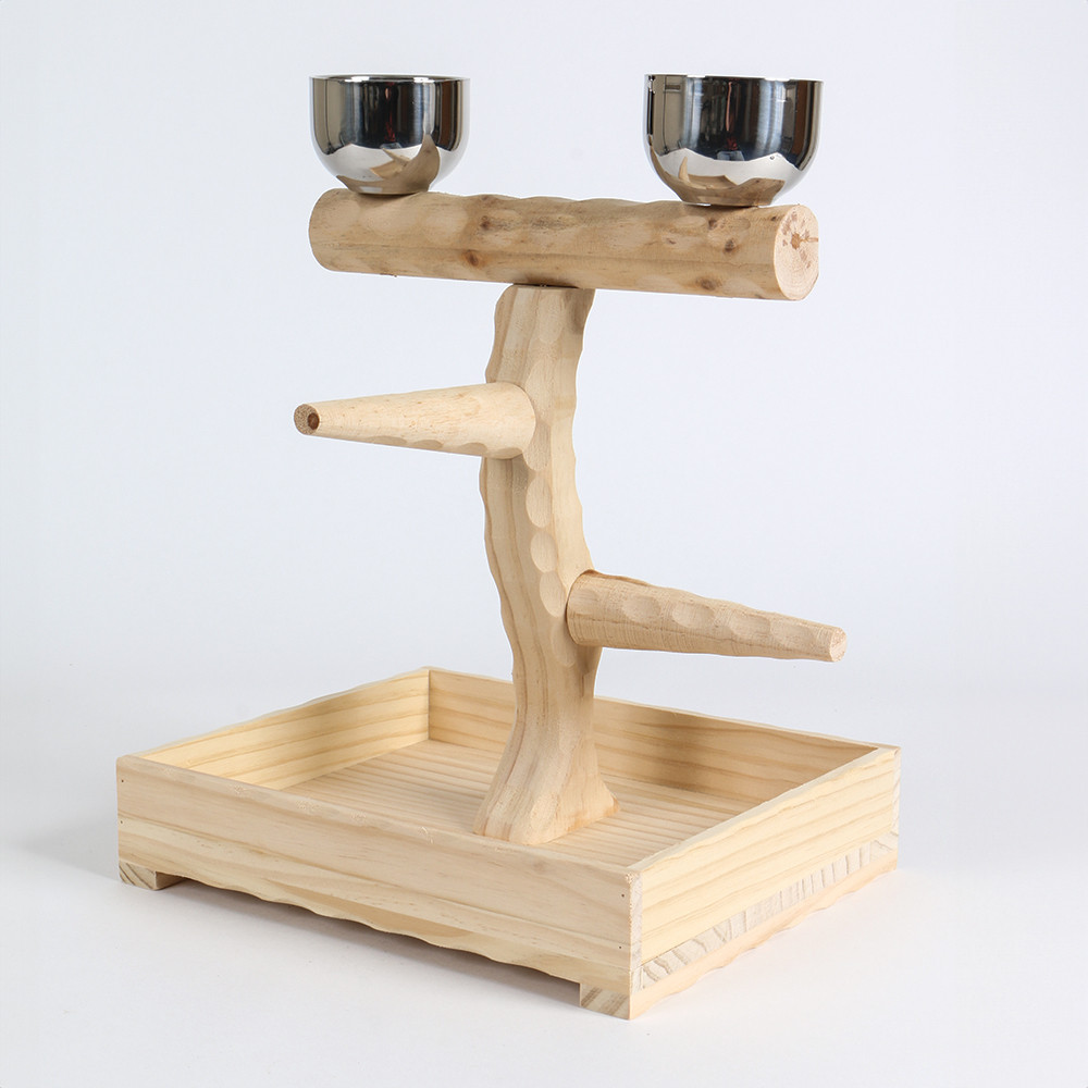 An image of Small Table Top Wood Parrot Stand with Feeding Bowls